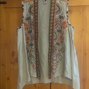 Embroidered Light Blue and Orange on Beige Linen Boho Sleeveless Vest